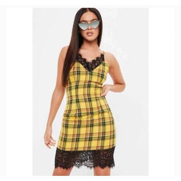 Missguided x Madison Beer Yellow Plaid Lace Trim Bodycon Mini Dress Strappy S 4 - Picture 1 of 5